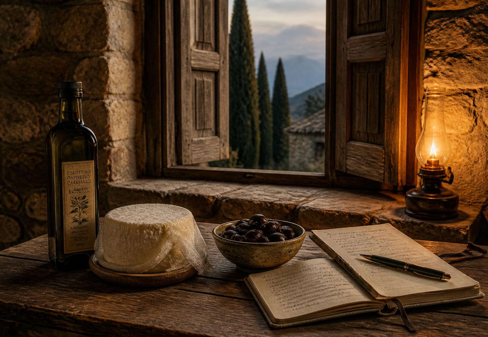 A traditional Greek stone village workshop at dusk with a bottle of olive oil, a wheel of feta wrapped in muslin, a bowl of Kalamata olives and a producer's notebook lit by a warm oil lamp.