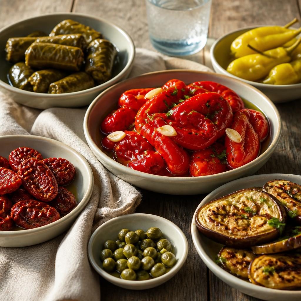 Roasted Florina red peppers and stuffed vine leaves arranged on a rustic wooden platter with olive oil and lemon.
