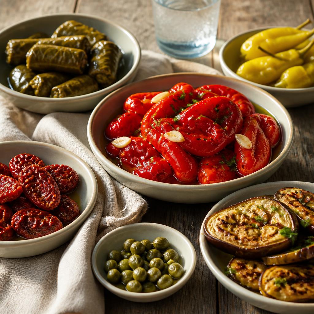 Roasted Florina red peppers and stuffed vine leaves arranged on a rustic wooden platter with olive oil and lemon.