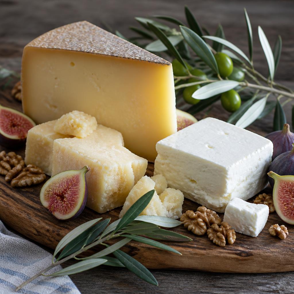 Wheels of aged Greek Graviera cheese and a block of PDO Feta on wooden boards with fresh thyme and honeycomb.
