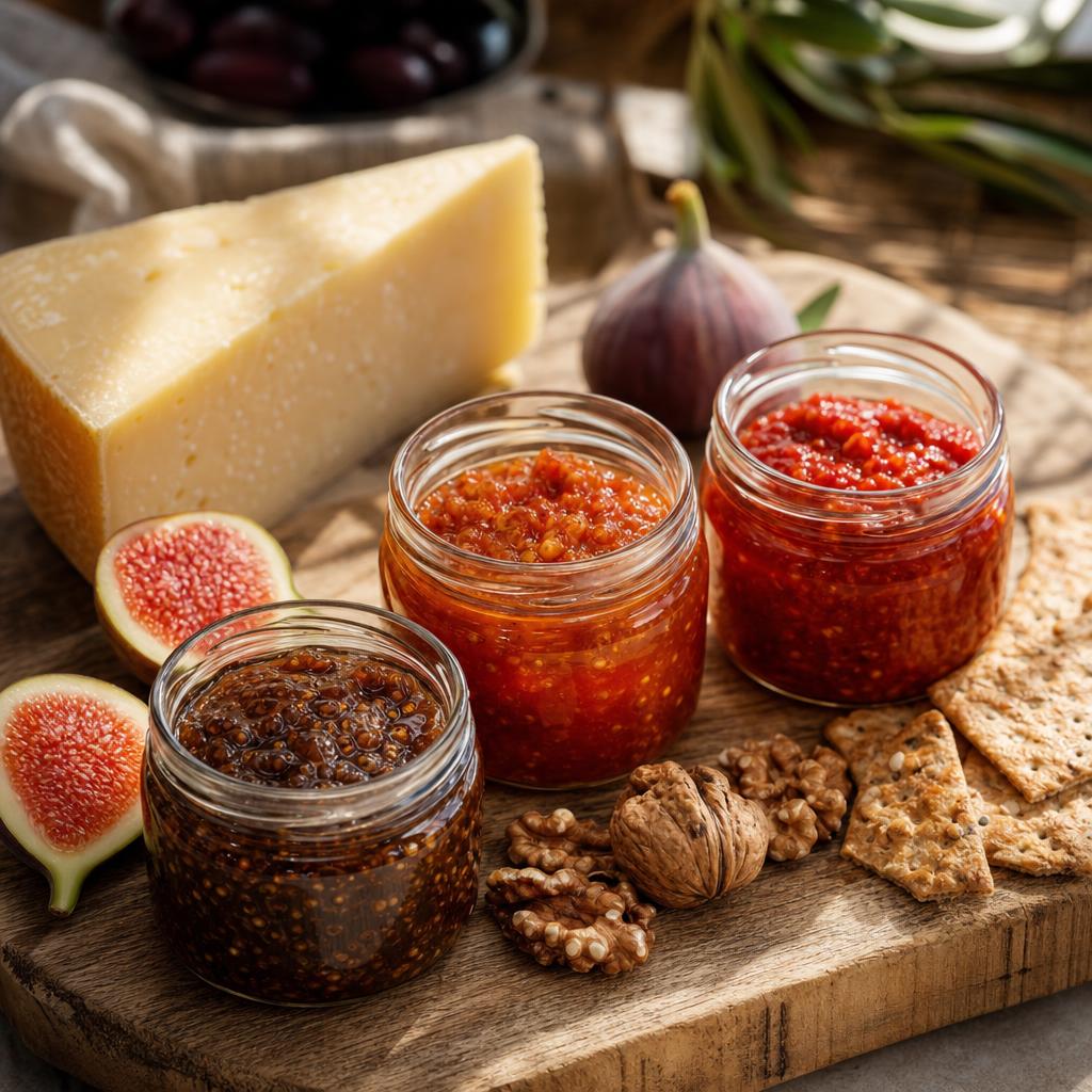 Greek fig and Florina pepper chutneys in small glass jars on a wooden cheese board with aged Graviera and walnuts.