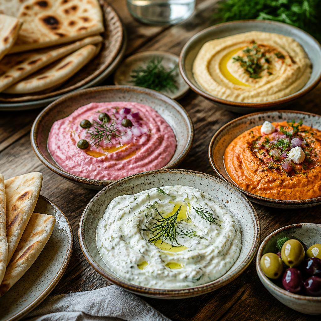 A meze board of Greek dips including tzatziki, taramosalata, tirokafteri and melitzanosalata with warm pita bread and olives.