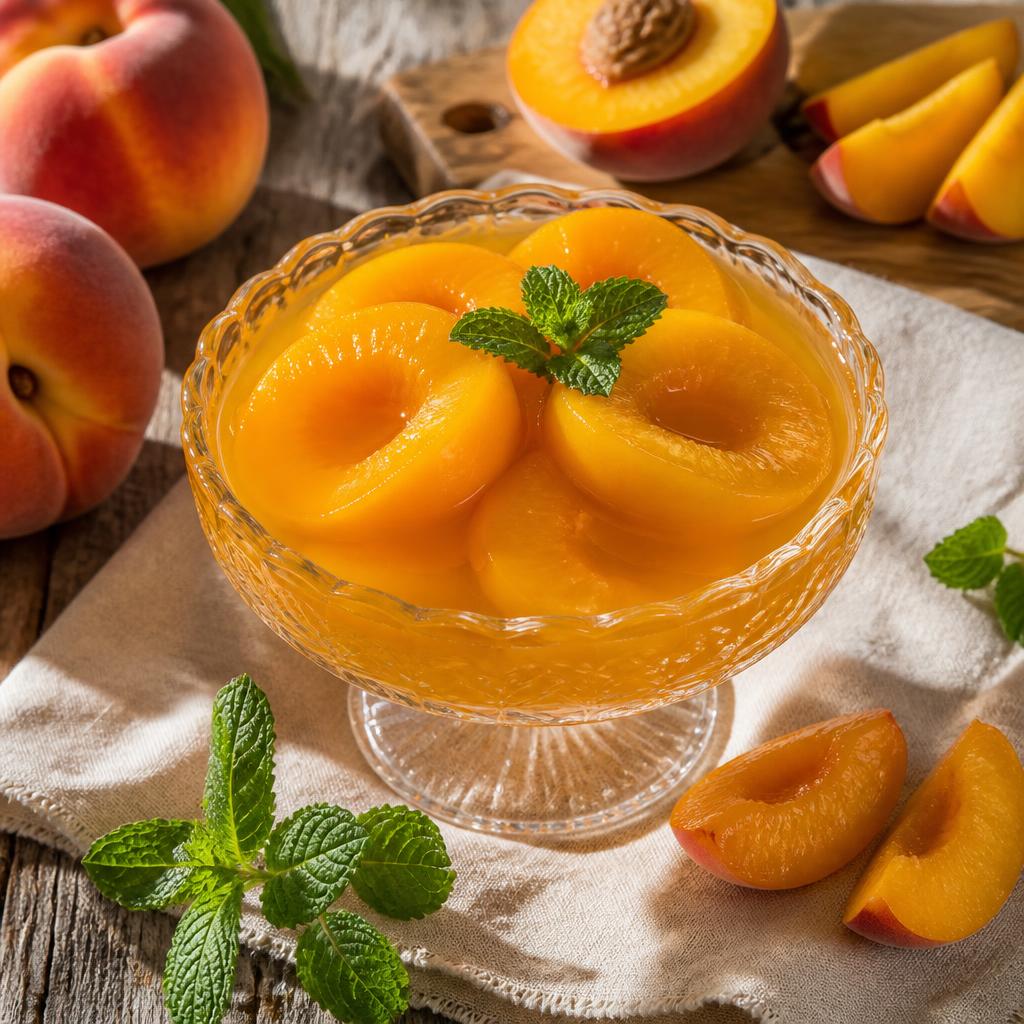 A wooden crate of ripe Greek peaches, figs and apricots on a stone table in warm afternoon light.