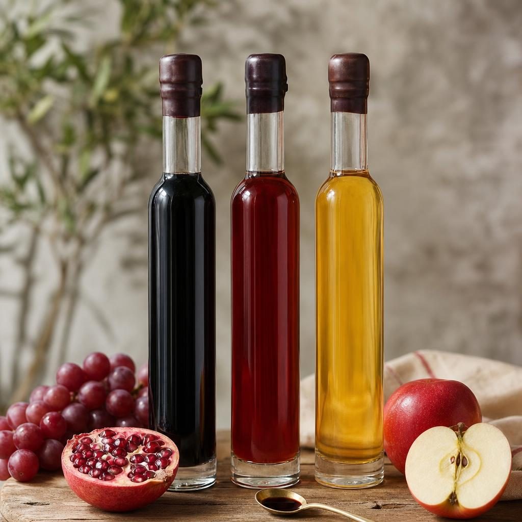 A bottle of aged Greek wine vinegar being poured into a small glass alongside olive oil and fresh herbs.
