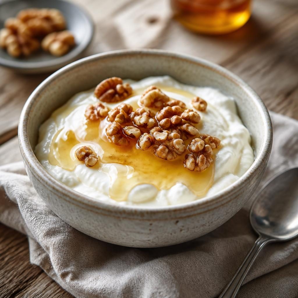 Thick Greek strained yoghurt with drizzled honey, walnuts and figs in a rustic ceramic bowl on a linen napkin.
