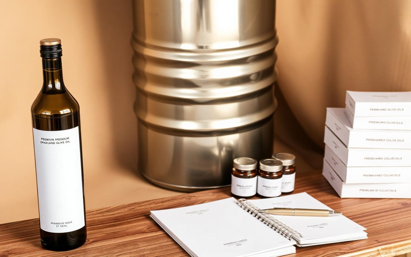 Editorial flat lay showing bulk drum, blank packaging mockups and premium private-label bottle