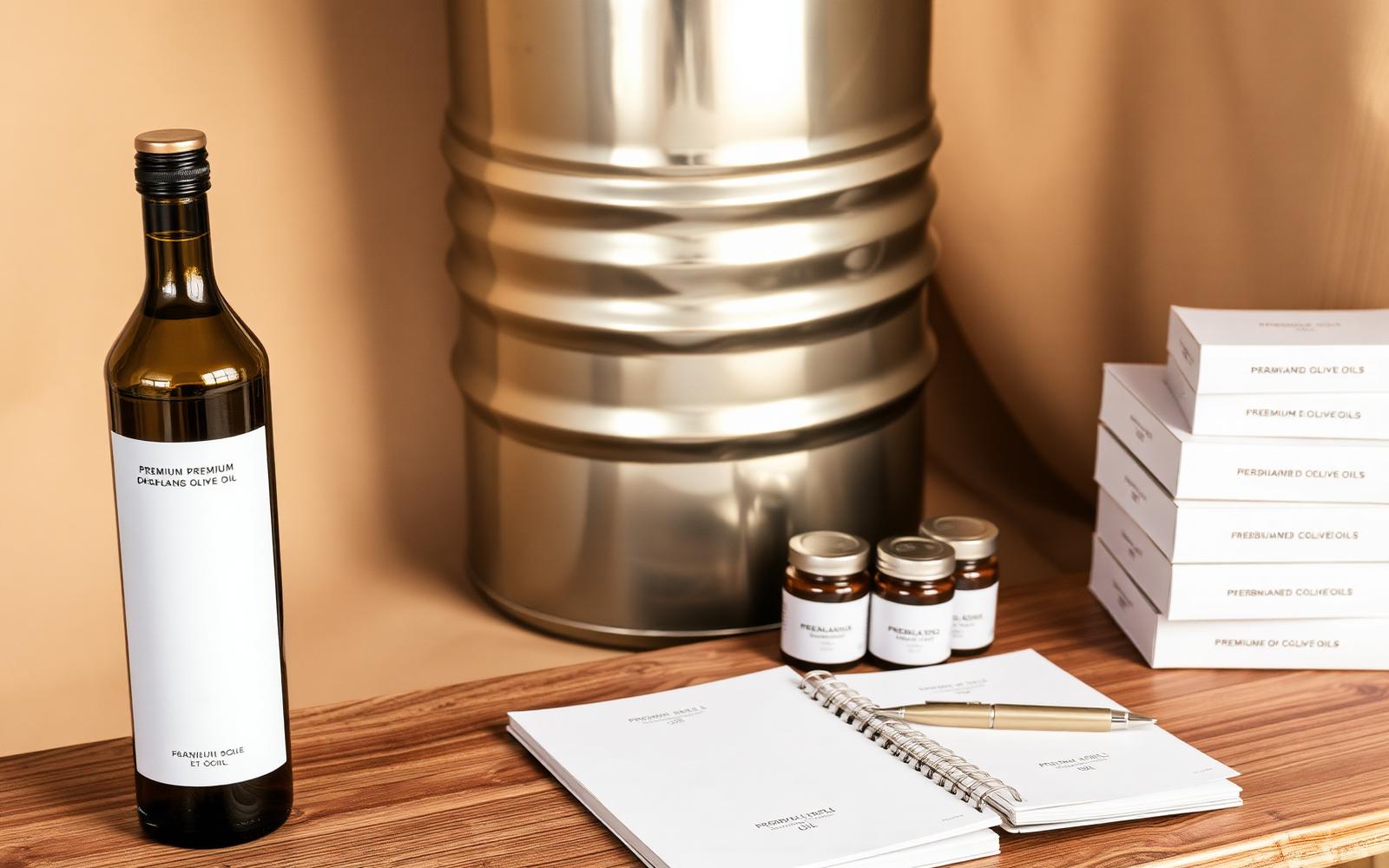 Editorial flat lay showing bulk drum, blank packaging mockups and premium private-label bottle
