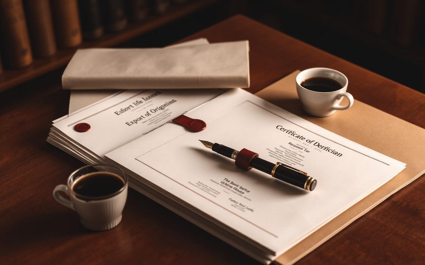 Editorial photograph of stacked export documents and wax-sealed envelopes on a walnut desk