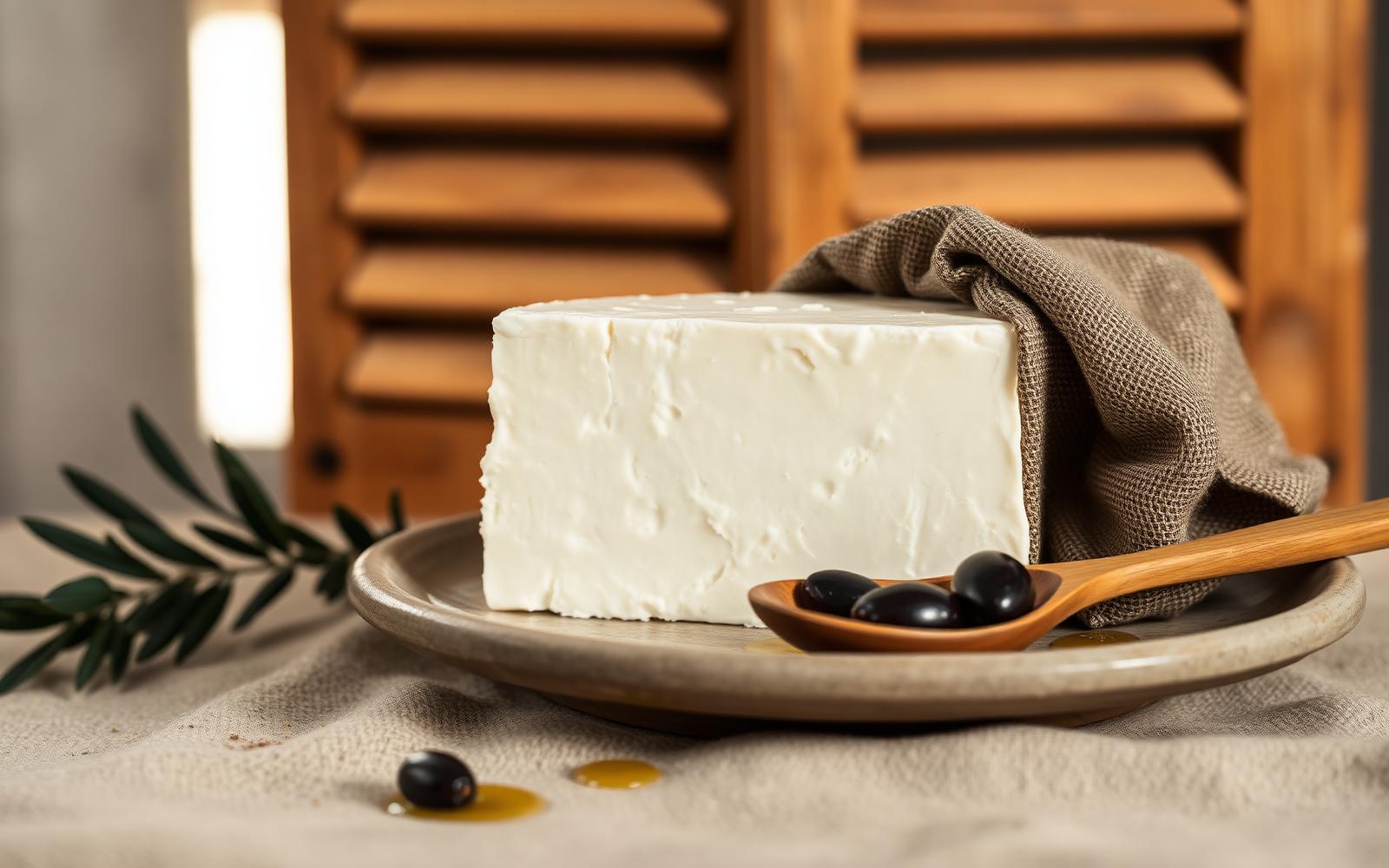 Editorial close-up of a block of Greek PDO feta in brine wrapped in muslin
