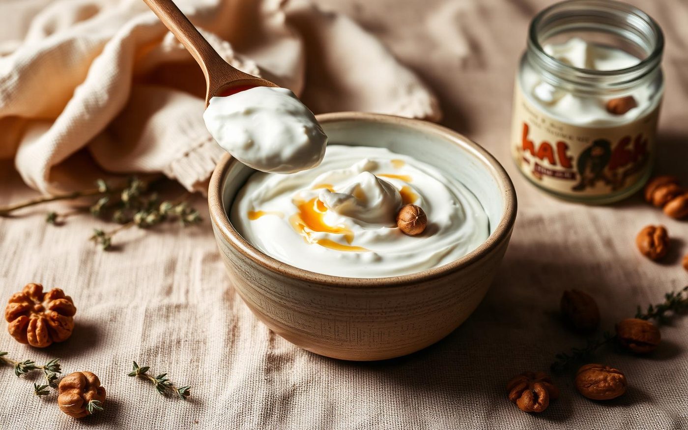 Editorial photograph of thick Greek strained yoghurt with honey and walnuts