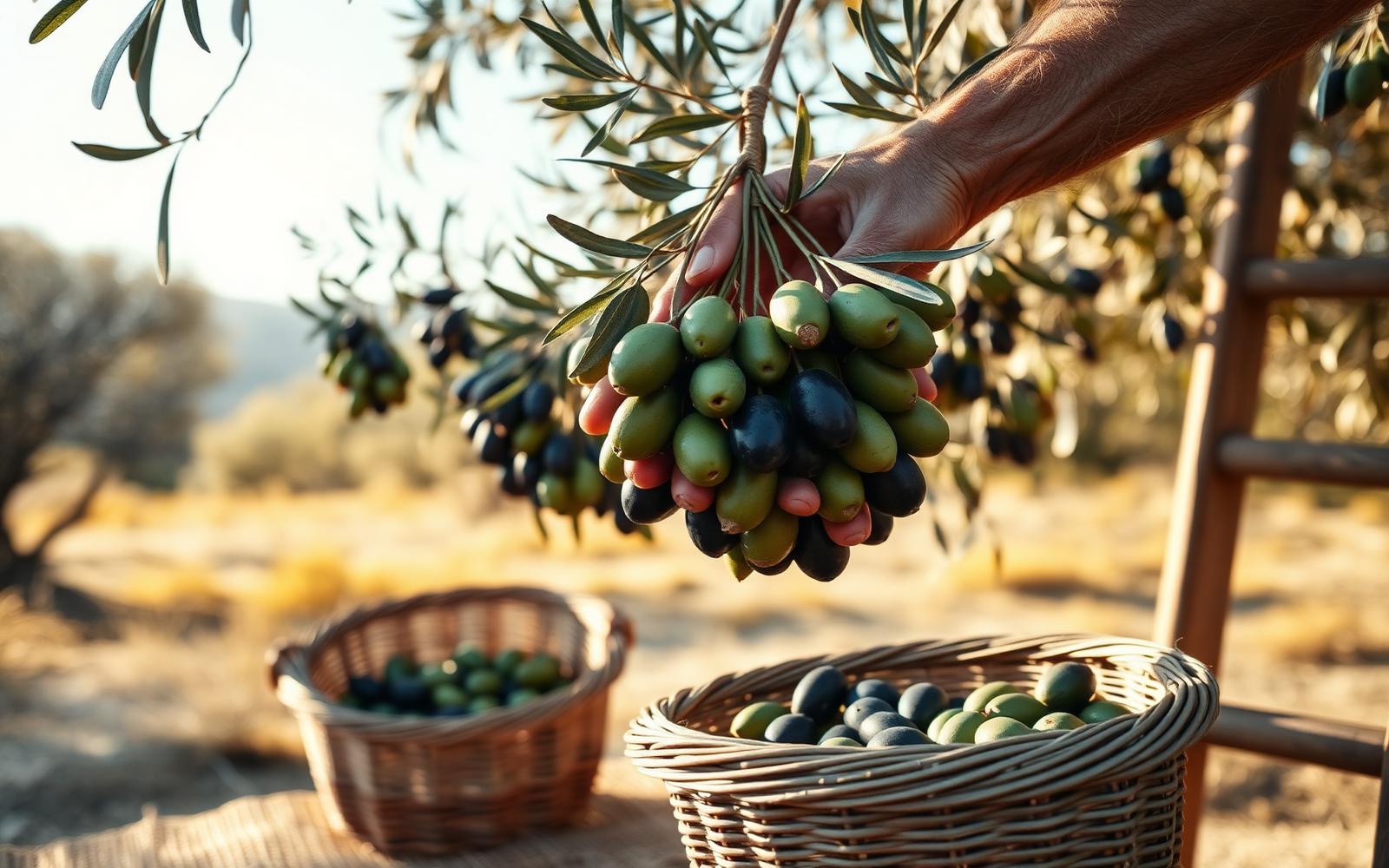 Editorial photograph of a Greek olive harvest with hands picking green-purple olives beneath ancient trees