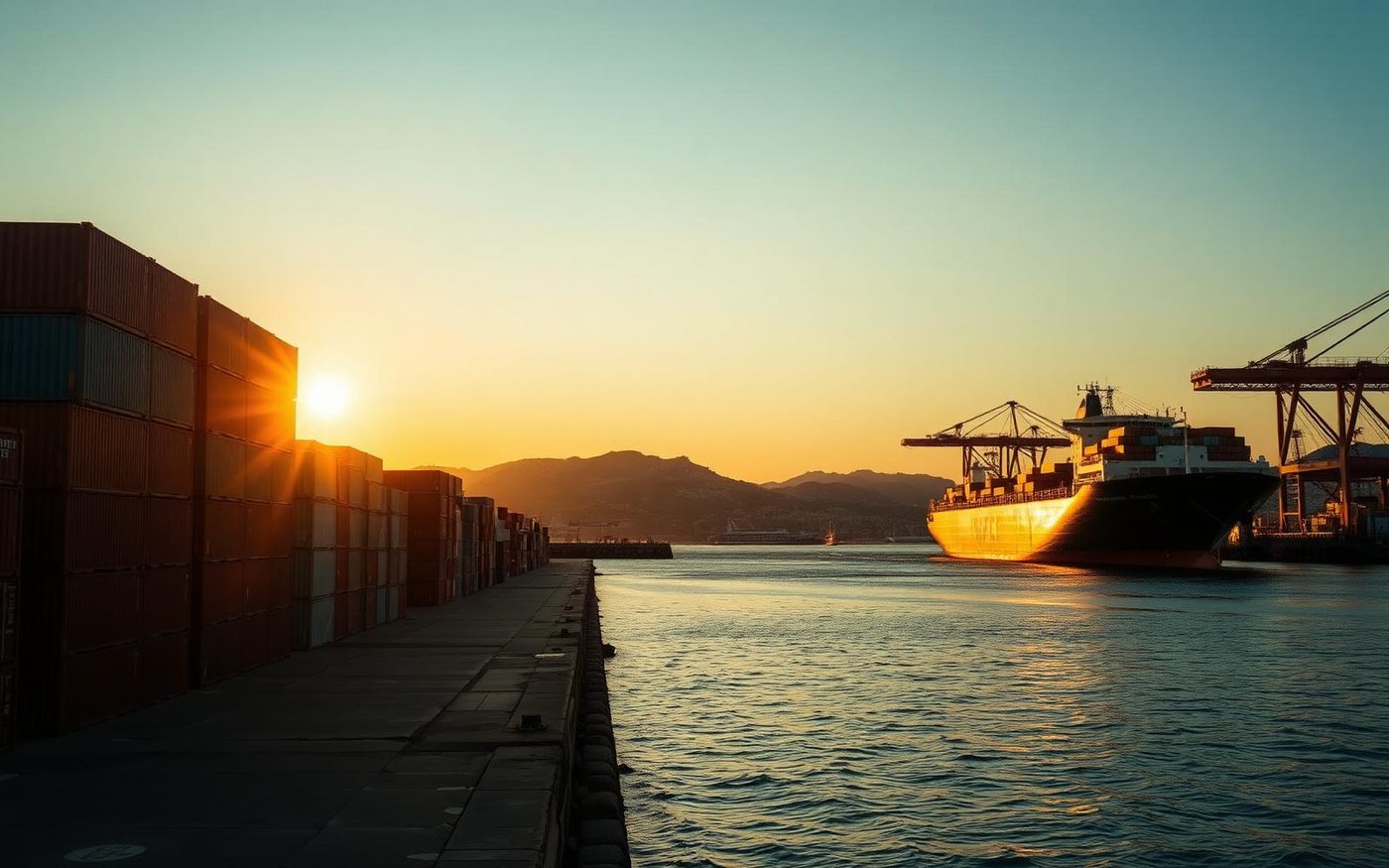 Editorial photograph of the Port of Piraeus at golden hour with stacked containers and a cargo vessel
