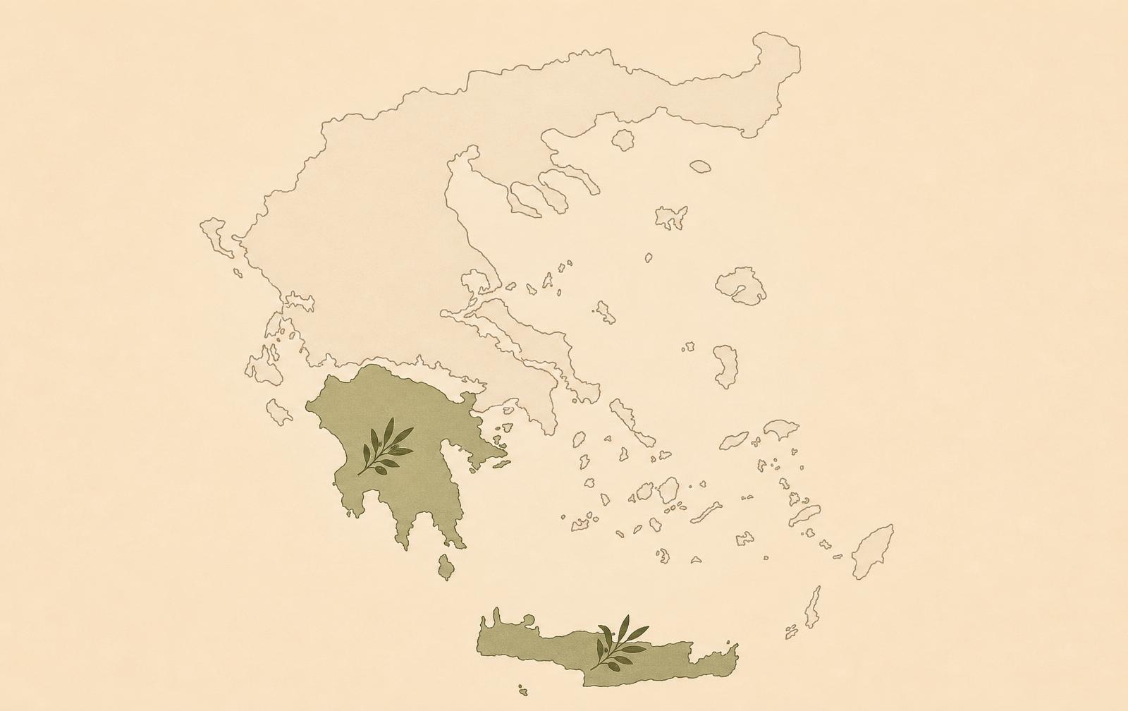 Illustrated map of Greece marking the Peloponnese and Crete as principal olive-oil sourcing regions