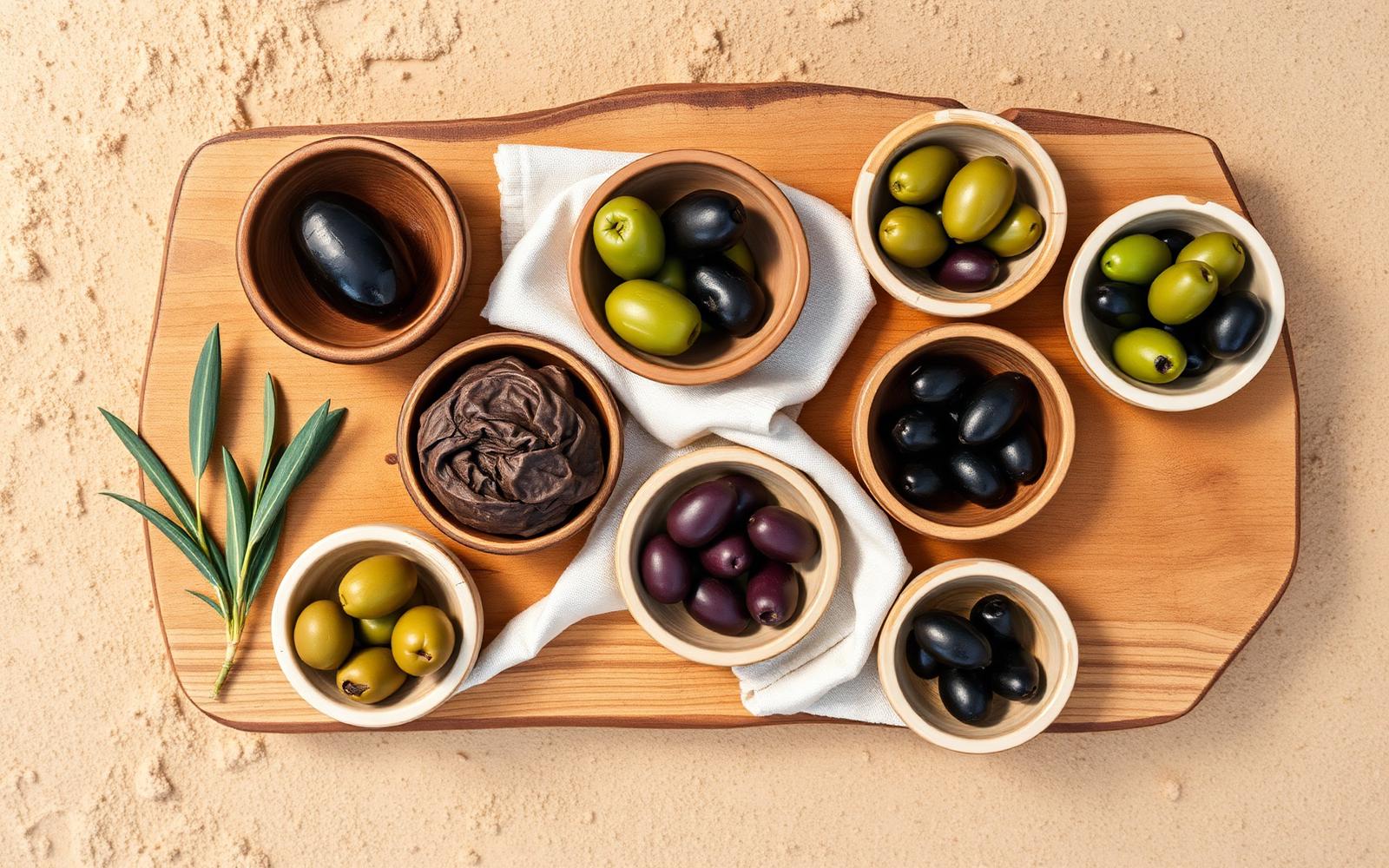 Editorial flat lay of nine distinct Greek olive varieties in rustic bowls on aged olive wood