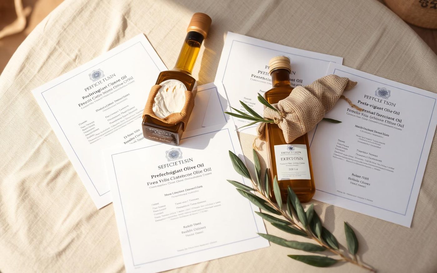 Editorial photograph of certification documents beside a wax-sealed bottle of Greek olive oil and feta wrapped in muslin