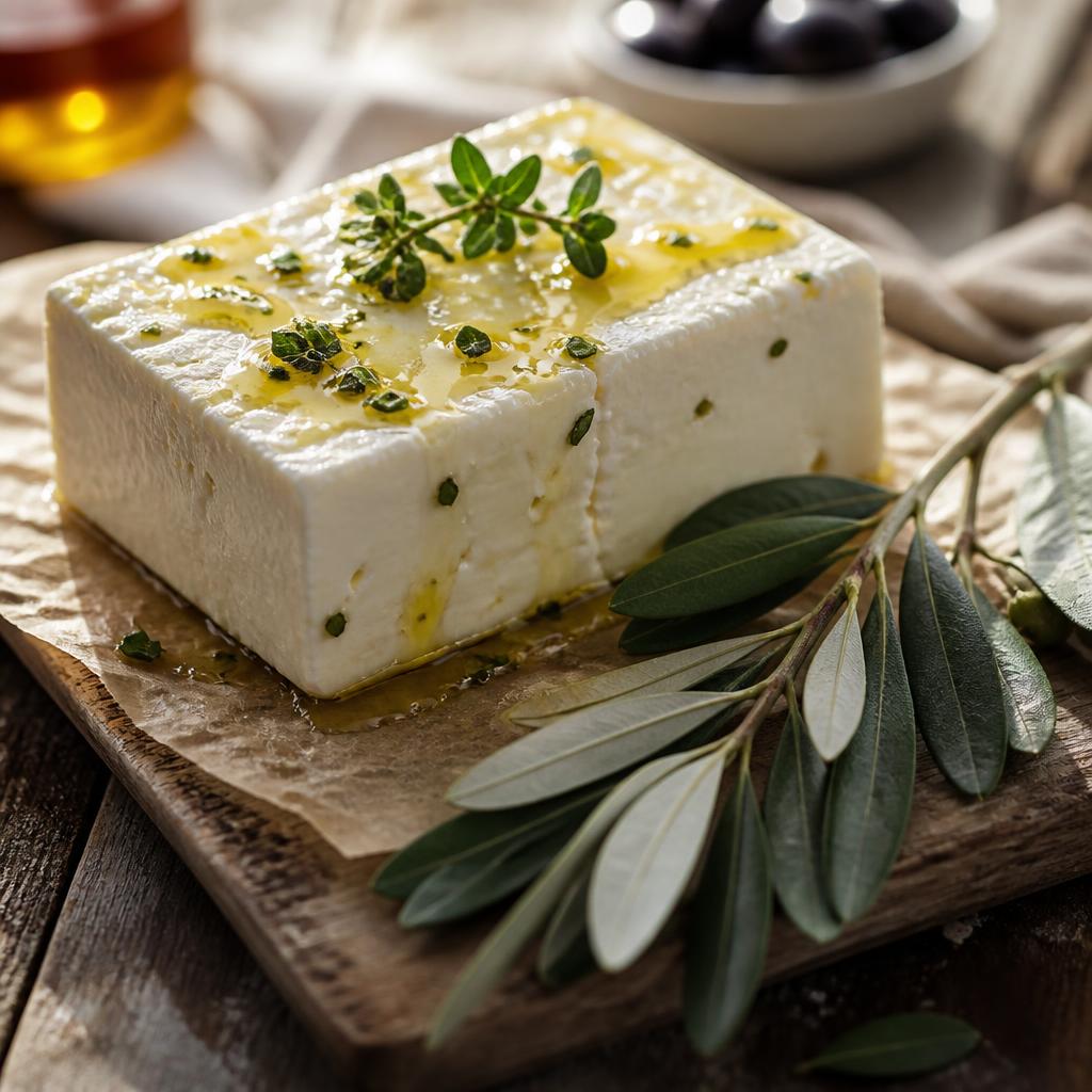 A whole block of authentic Greek PDO Feta cheese on parchment with fresh oregano and a drizzle of olive oil.
