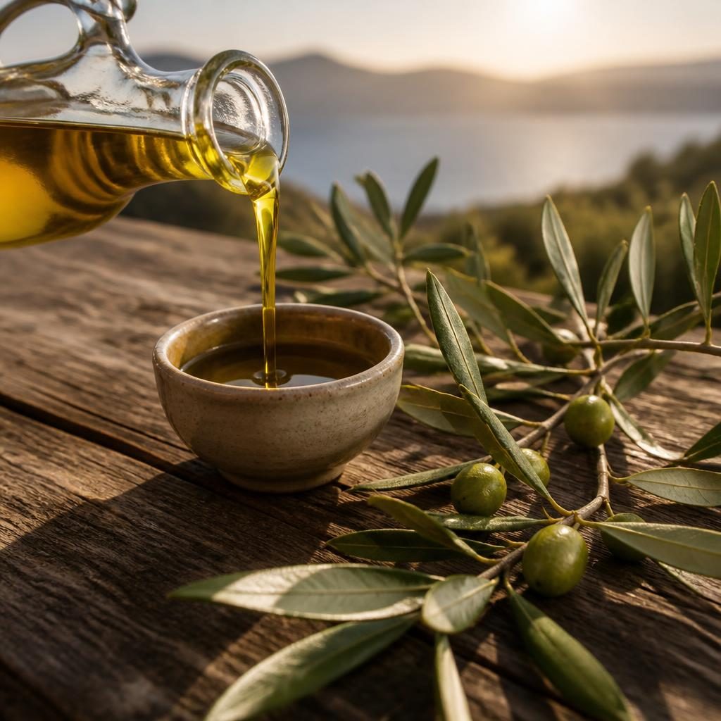 Freshly milled Greek extra virgin olive oil pouring in a warm honey stream from a stone mill, olive branches in soft focus.