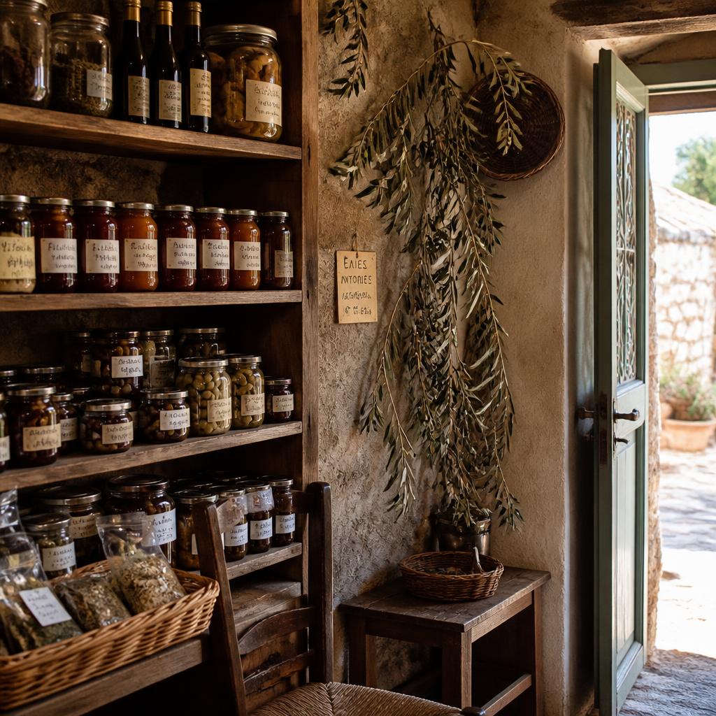 A traditional Greek artisan workshop with shelves of hand-labelled jars, warm afternoon light through an open doorway.