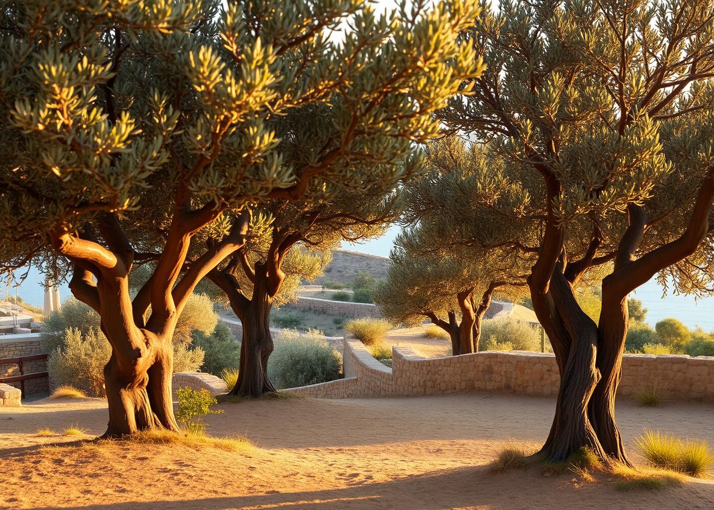 Ancient olive grove in the Peloponnese overlooking the Mediterranean
