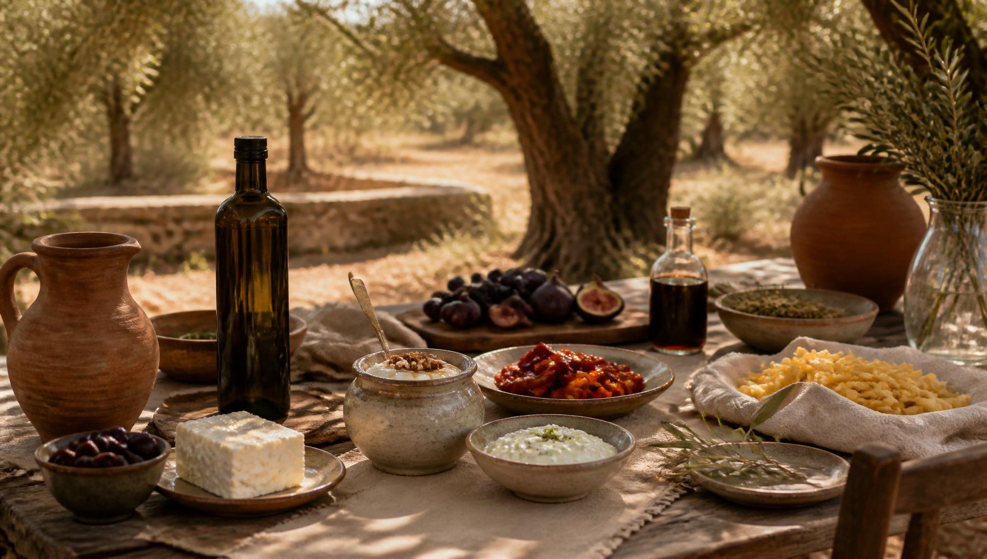 A weathered wooden table under ancient Greek olive trees set with extra virgin olive oil, Kalamata olives, feta, Greek yoghurt, antipasti, spreads, pasta and fresh figs in warm Mediterranean afternoon light.