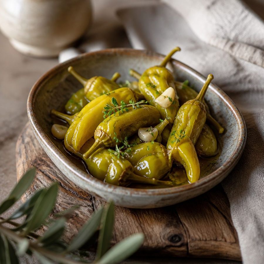 Pepperoncini (Golden Greek peppers) sourced from Greece by theGreex, editorial photograph.