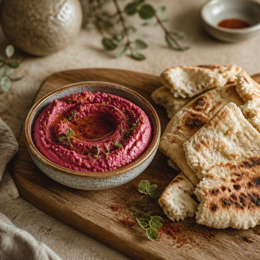 Beetroot Hummus sourced from Greece by theGreex, editorial photograph.