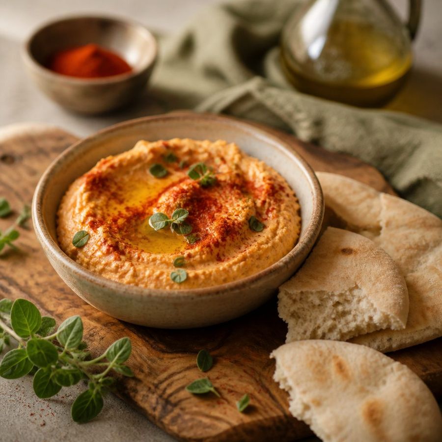 Red Pepper Hummus sourced from Greece by theGreex, editorial photograph.