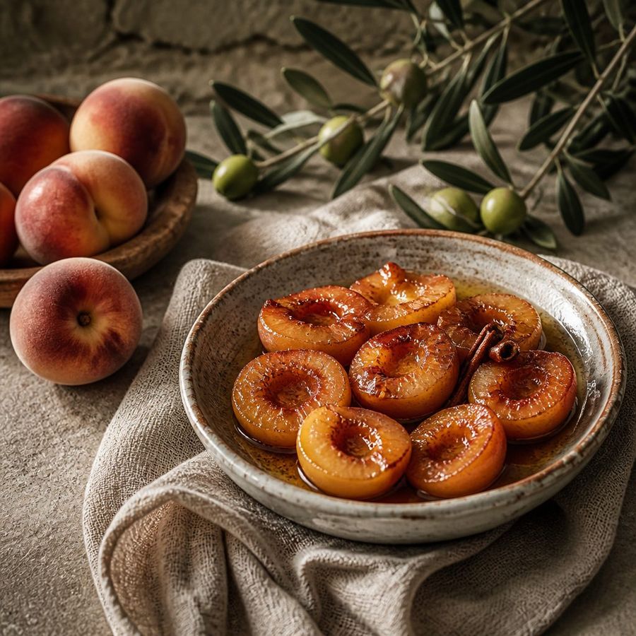 Peach halves in cinnamon syrup sourced from Greece by theGreex, editorial photograph.