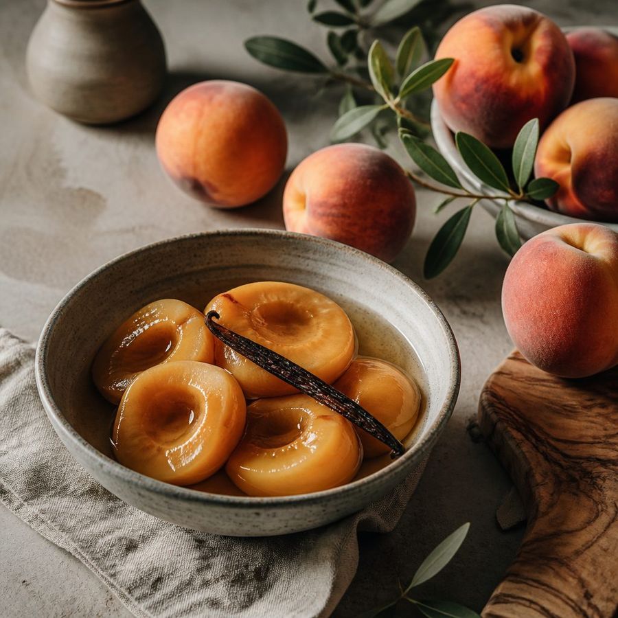 Peach halves in vanilla syrup sourced from Greece by theGreex, editorial photograph.