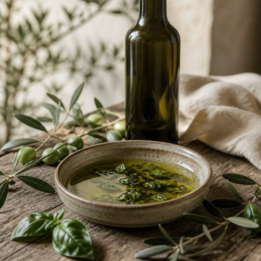 Basil-infused EVOO sourced from Greece by theGreex, editorial photograph.