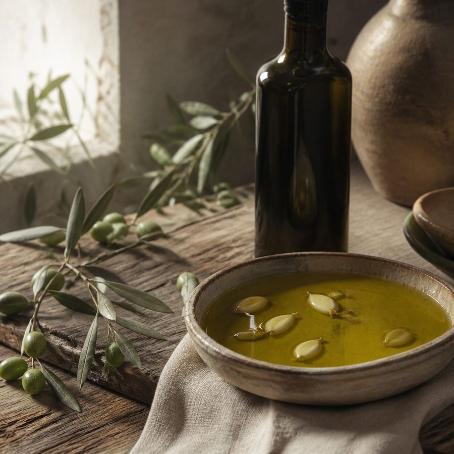 Garlic-infused EVOO sourced from Greece by theGreex, editorial photograph.