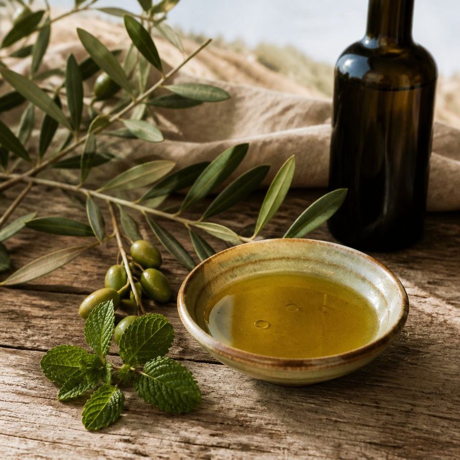 Mint-infused EVOO sourced from Greece by theGreex, editorial photograph.