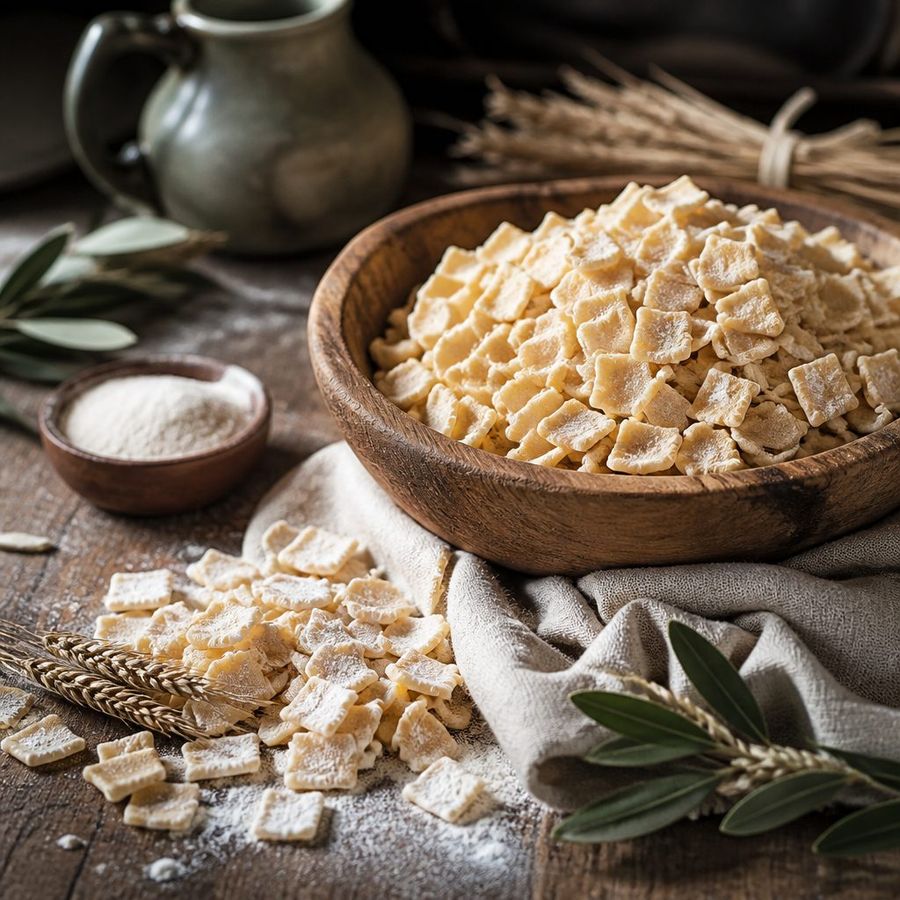 Hilopites (egg pasta squares) sourced from Greece by theGreex, editorial photograph.