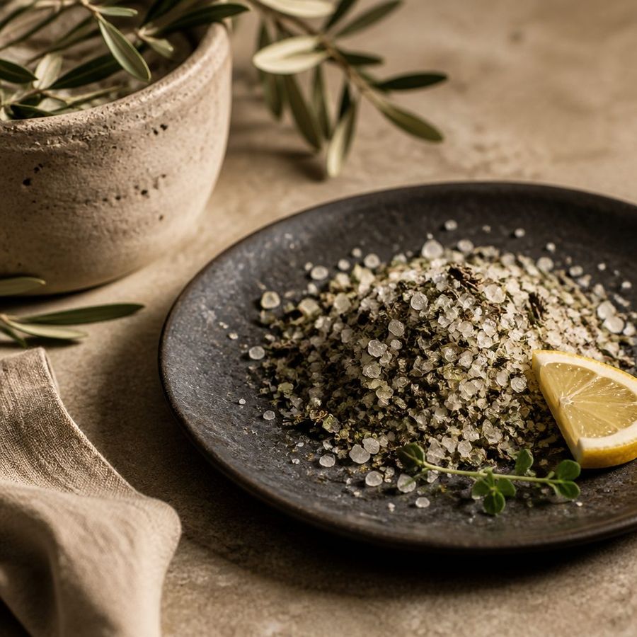 Herb-infused Sea Salt sourced from Greece by theGreex, editorial photograph.