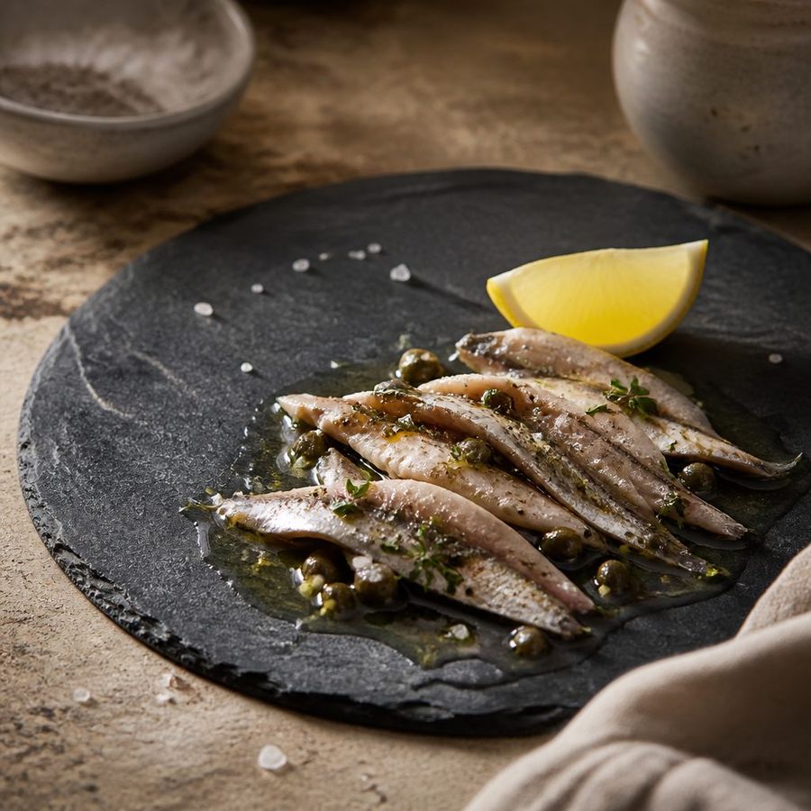 Marinated Anchovies sourced from Greece by theGreex, editorial photograph.