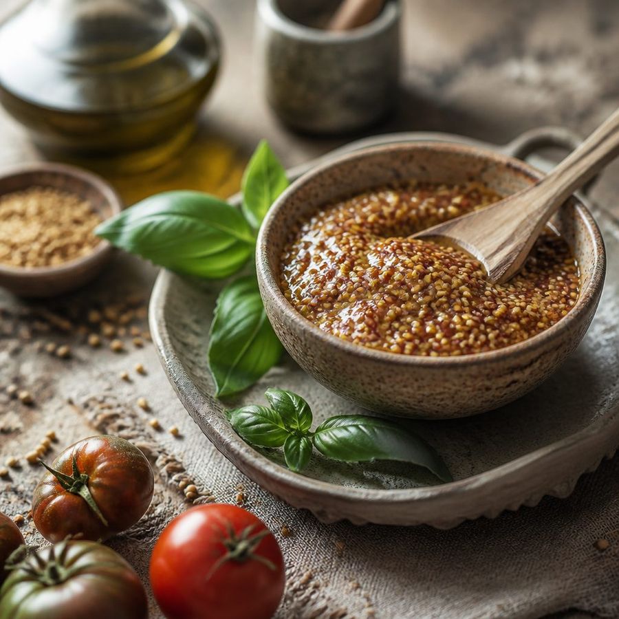 Wholegrain Mustard sourced from Greece by theGreex, editorial photograph.