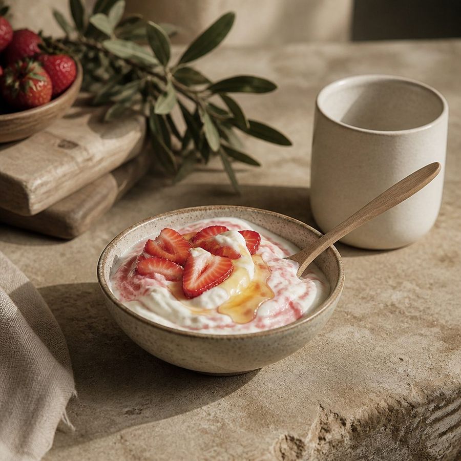Goat's Milk Yoghurt, Strawberry sourced from Greece by theGreex, editorial photograph.