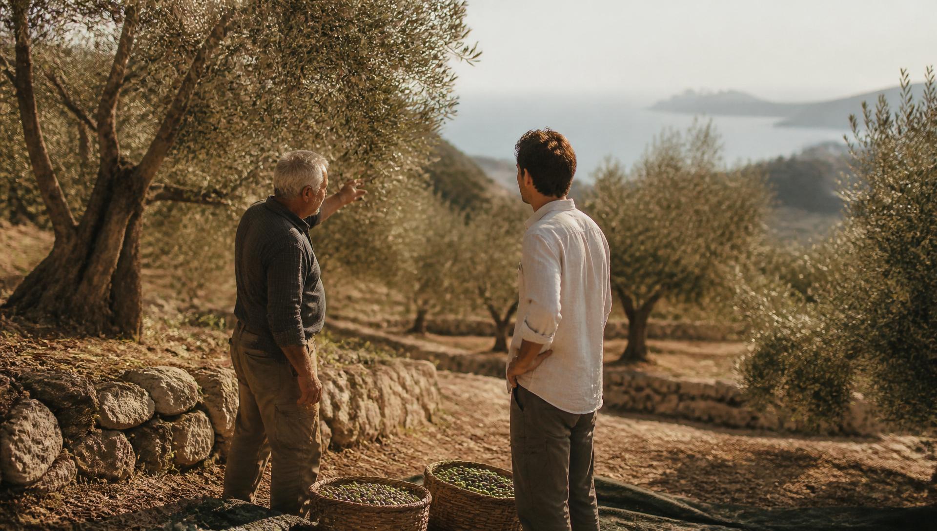 A Greek olive grower and a theGreex sourcing lead in conversation on a hillside grove above the Mediterranean sea, baskets of freshly harvested olives at their feet.