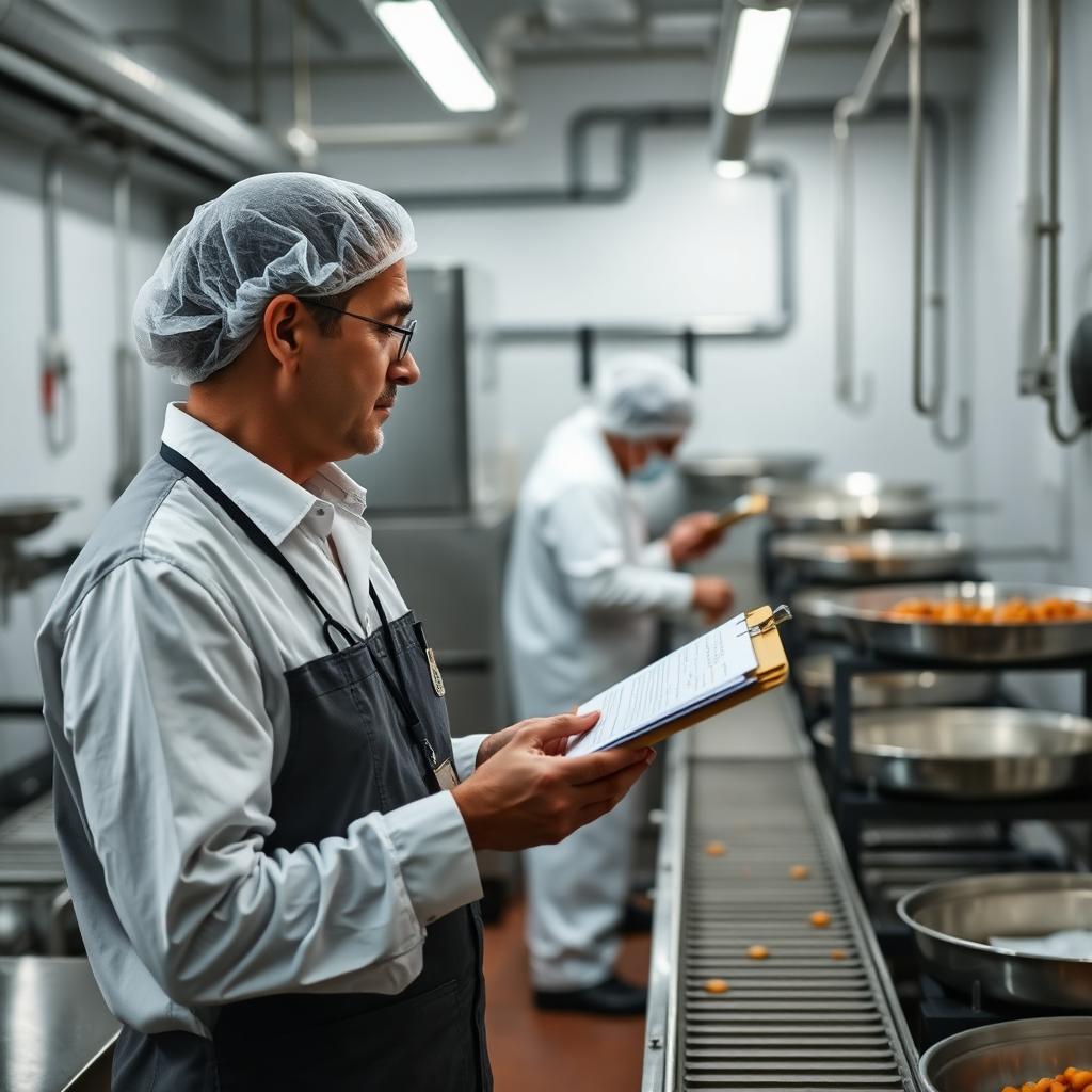 A food safety auditor with a clipboard reviewing stainless steel production lines while workers in white uniforms and hairnets prepare antipasti in the background