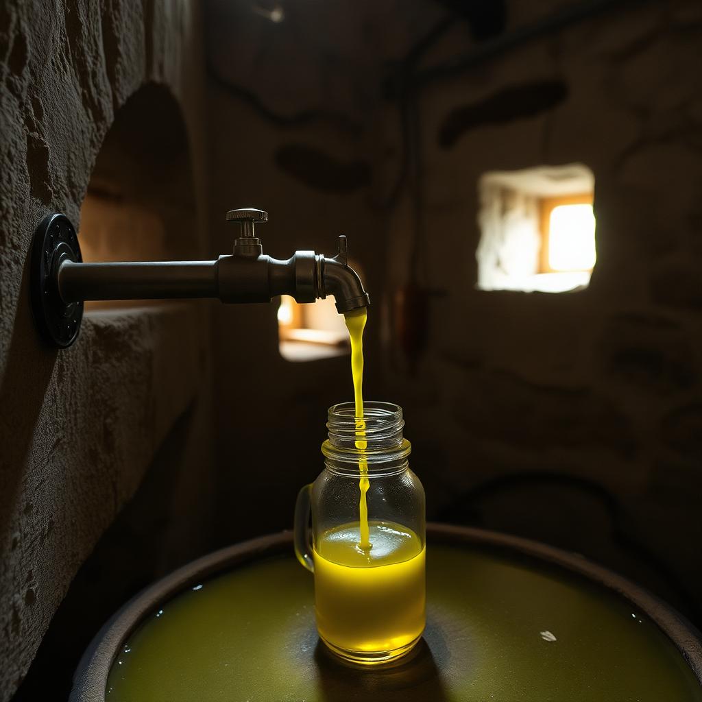 Freshly milled green-gold Cretan olive oil pouring from a stainless steel tap into a glass jar inside a stone-walled mill