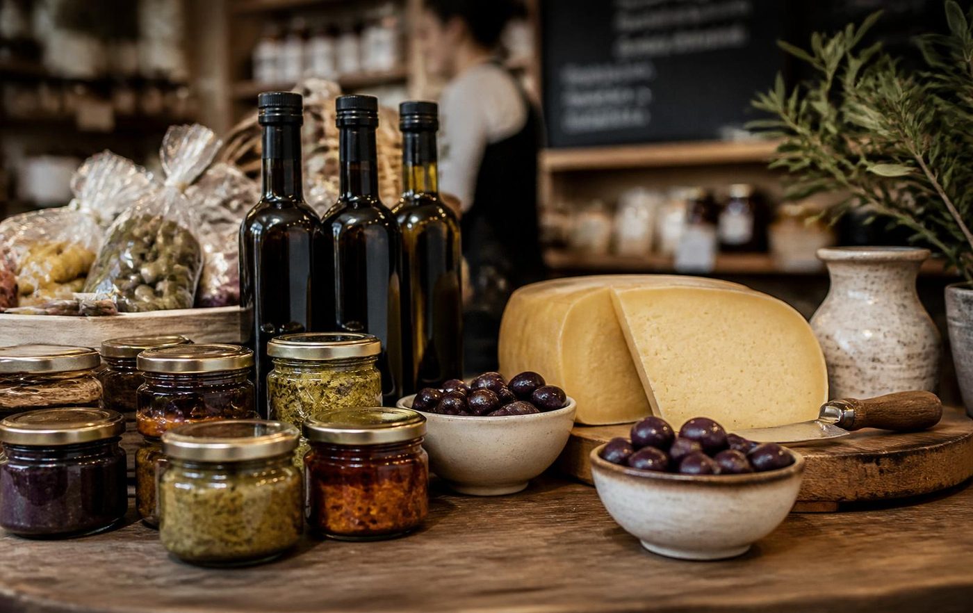 Premium Greek delicatessen counter with unbranded jars of spreads, olive oil bottles, Graviera cheese and bowls of Kalamata olives