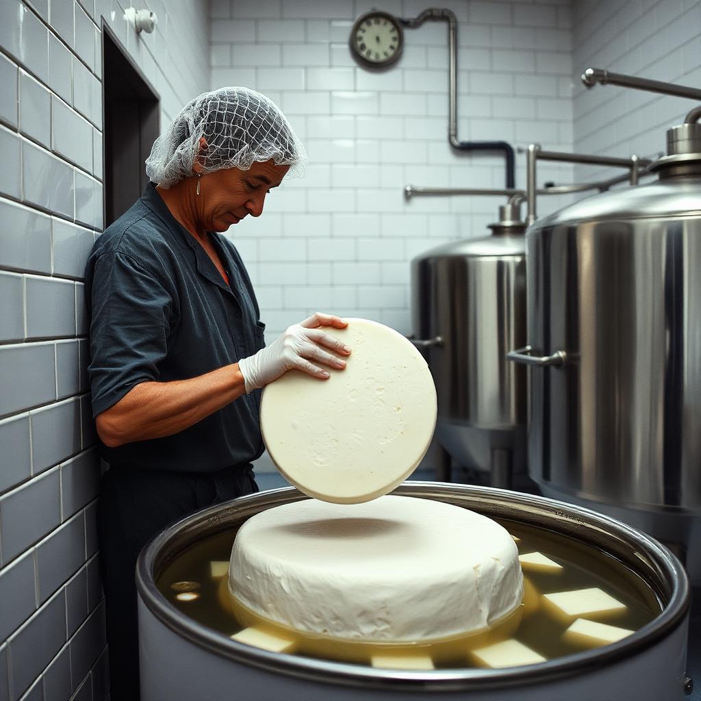 A cheesemaker in a hairnet lifting a wheel of PDO feta from a brine tank in a white-tiled Thessaly dairy