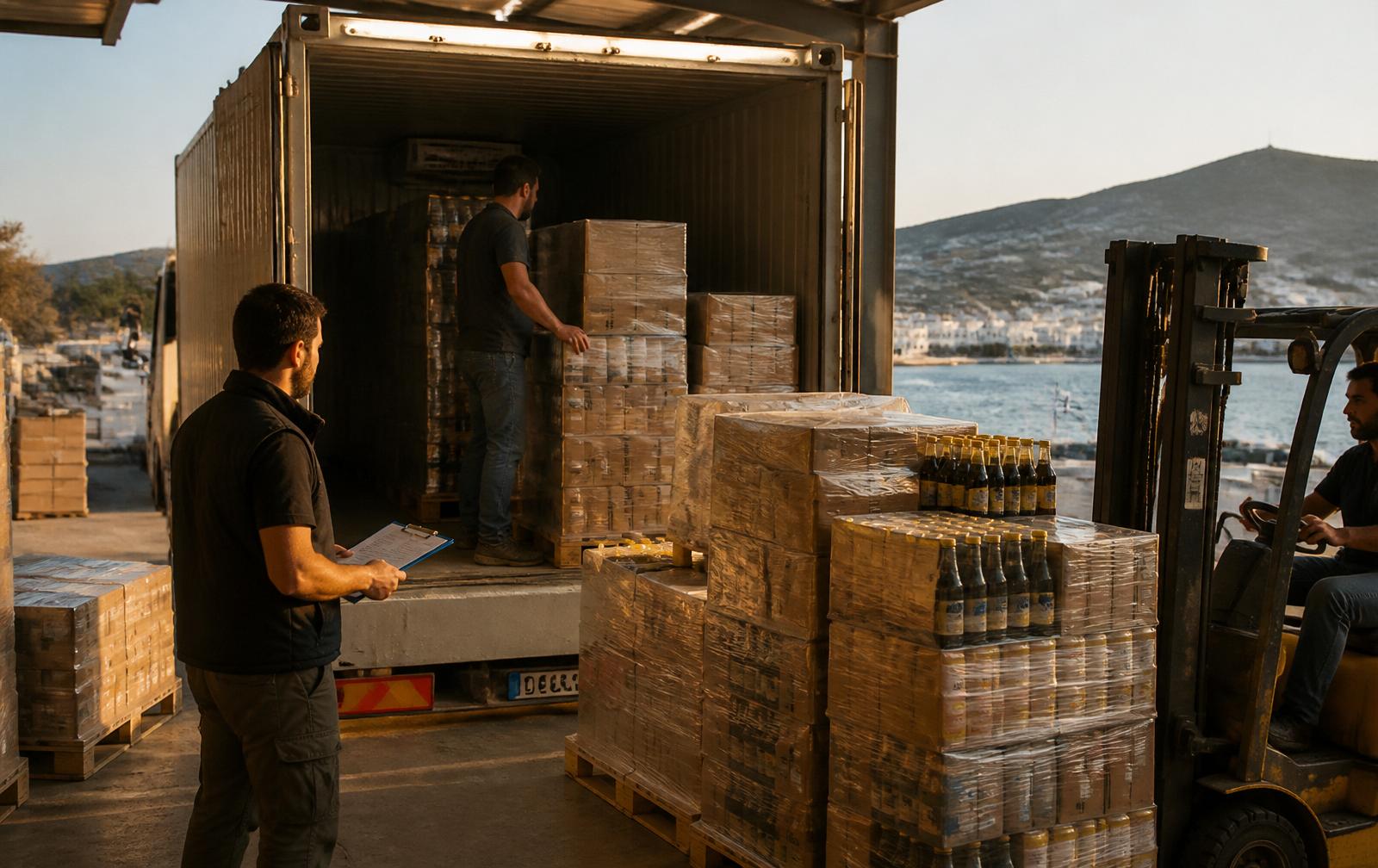 Wooden pallets of mixed Greek food cases being loaded into a container at a Greek port at golden hour