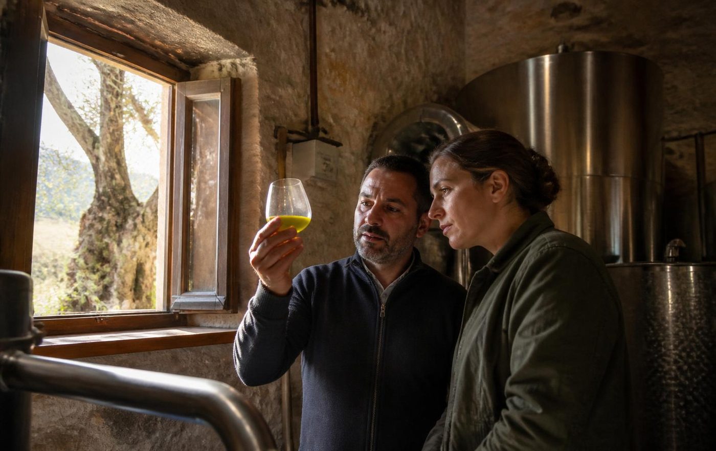 A Greek producer and a sourcing professional evaluating freshly pressed extra virgin olive oil in a stone-walled mill in the Peloponnese