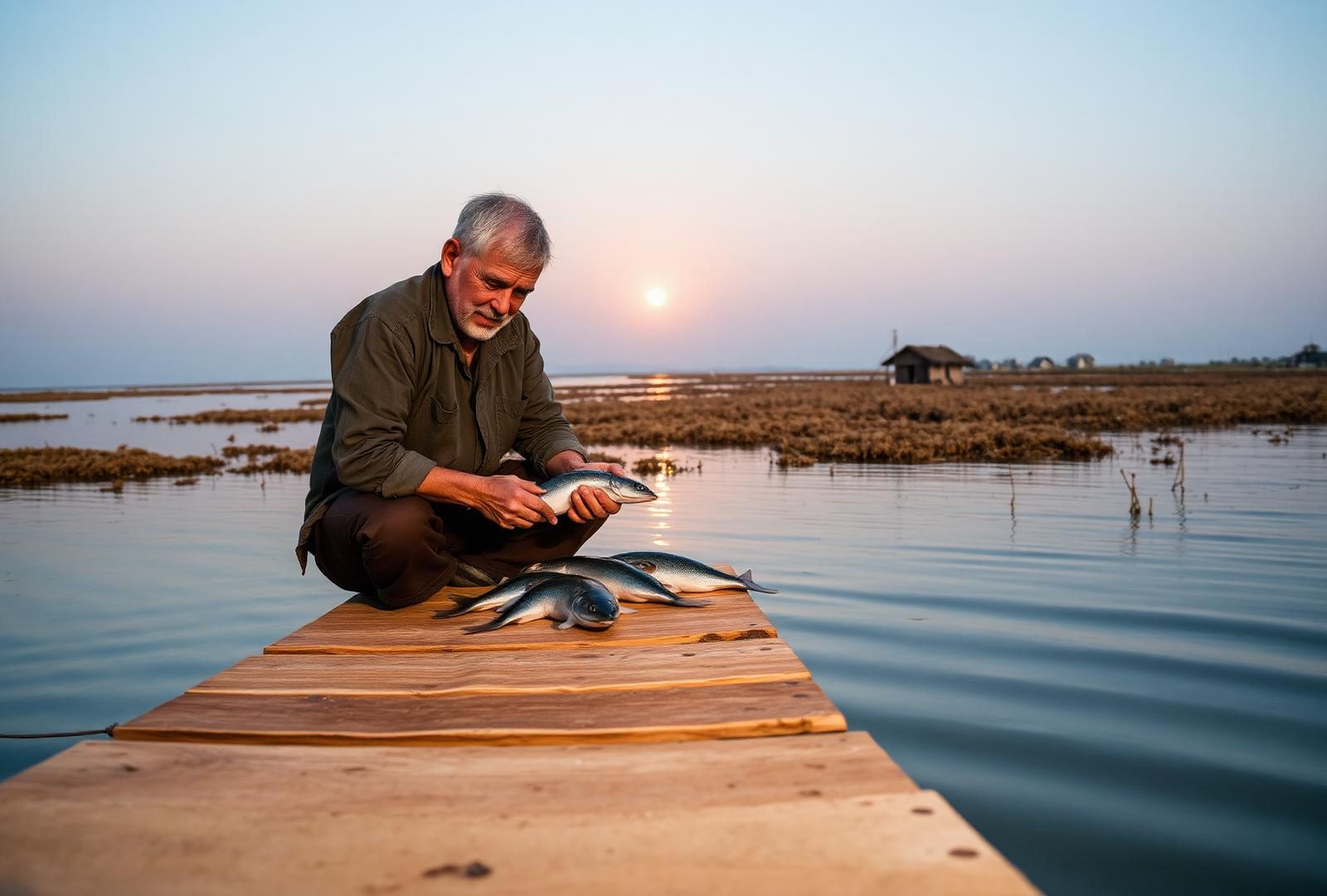 A Greek fisherman handling grey mullet at dawn on a wooden platform in the calm shallow waters of the Messolonghi lagoon, with reed beds and traditional pelada huts on the horizon