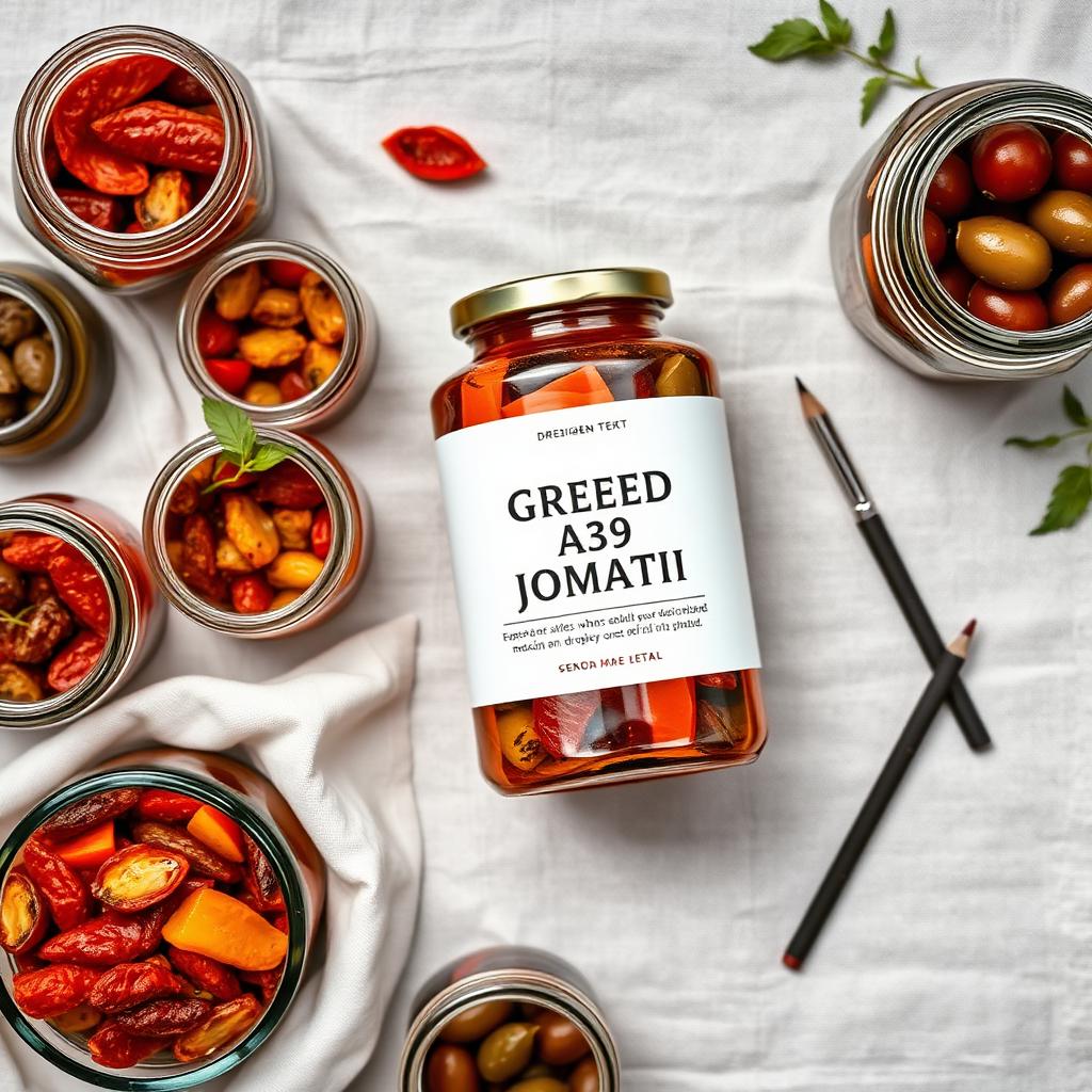 Overhead flat lay of unbranded glass jars of Greek antipasti arranged on a linen sheet with a proof label mockup and a designer's pencil