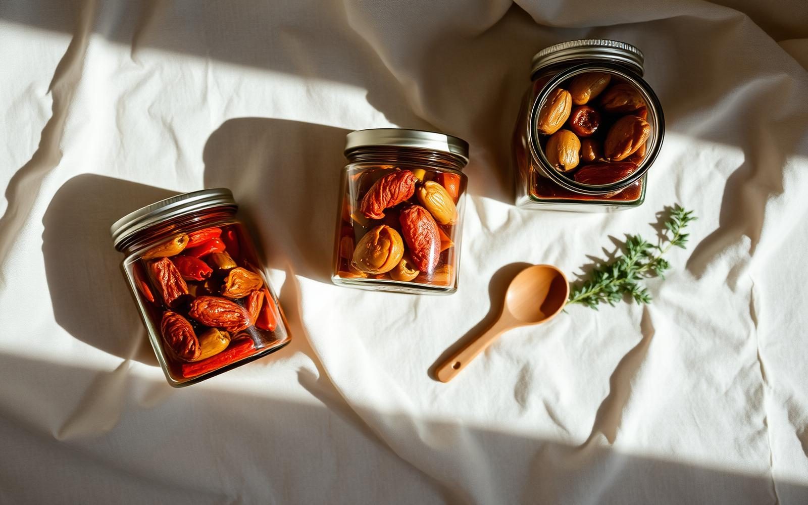 Overhead flat lay of unbranded glass jars of Greek antipasti arranged on a linen sheet with a proof label mockup and a designer's pencil