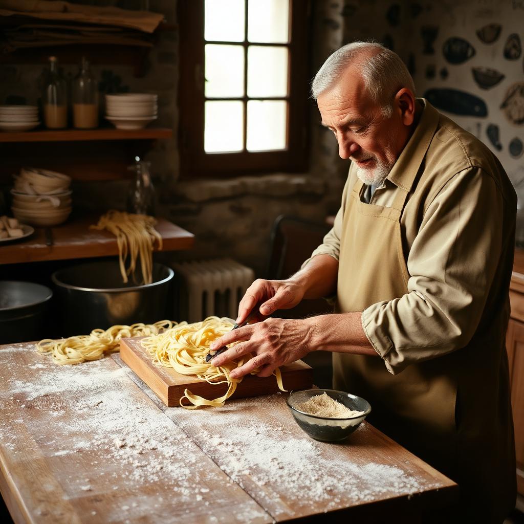 An elderly Greek pasta artisan hand-cutting hilopites noodles on a flour-dusted wooden table in a stone kitchen in the Zagori mountains