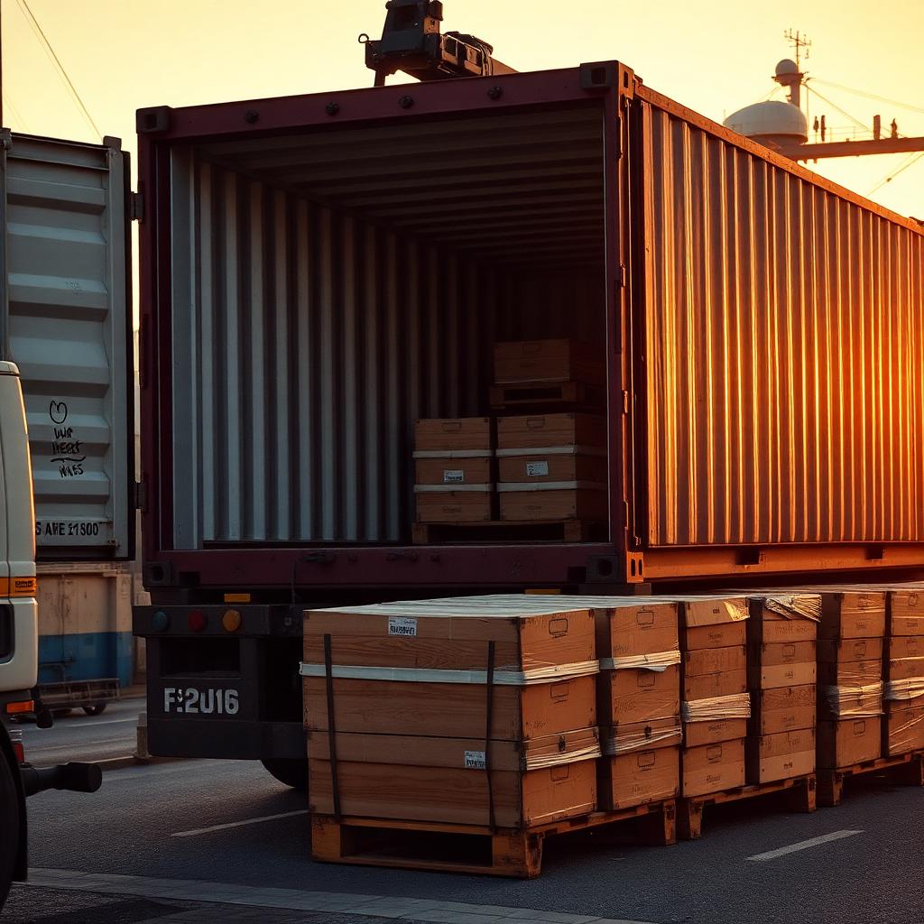A refrigerated shipping container at the port of Piraeus being loaded with wooden pallets of unlabelled Greek food cases at golden hour