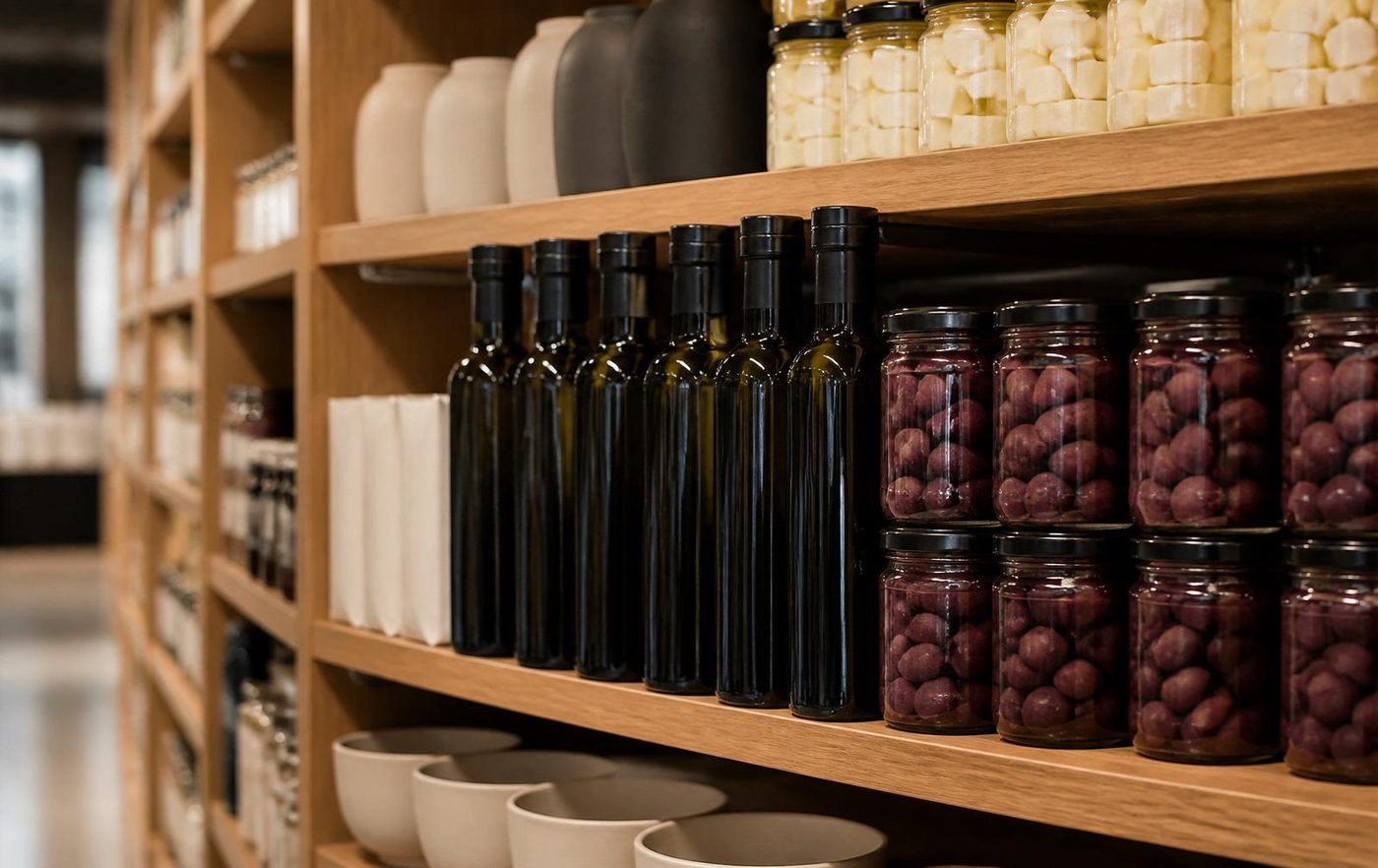Unbranded dark glass olive oil bottles and jars of Kalamata olives on the shelves of a premium Northern European retailer